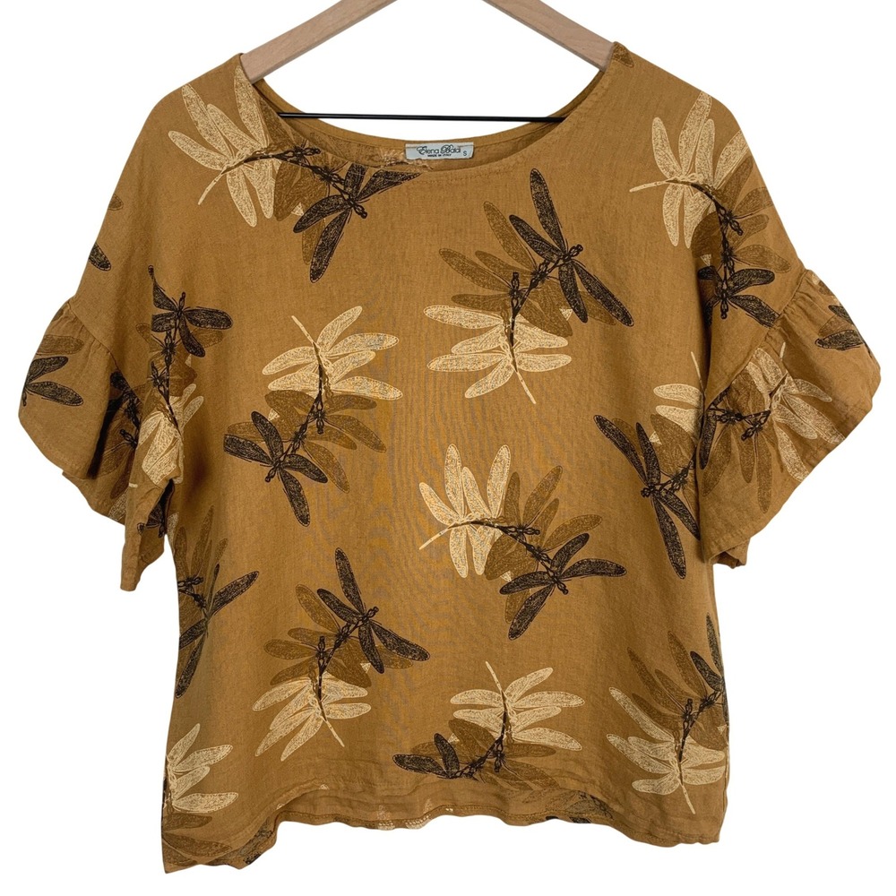 ELENA BALDI Linen Made in Italy Dragonfly Ruffle Sleeve Top Sz S Mustard Yellow